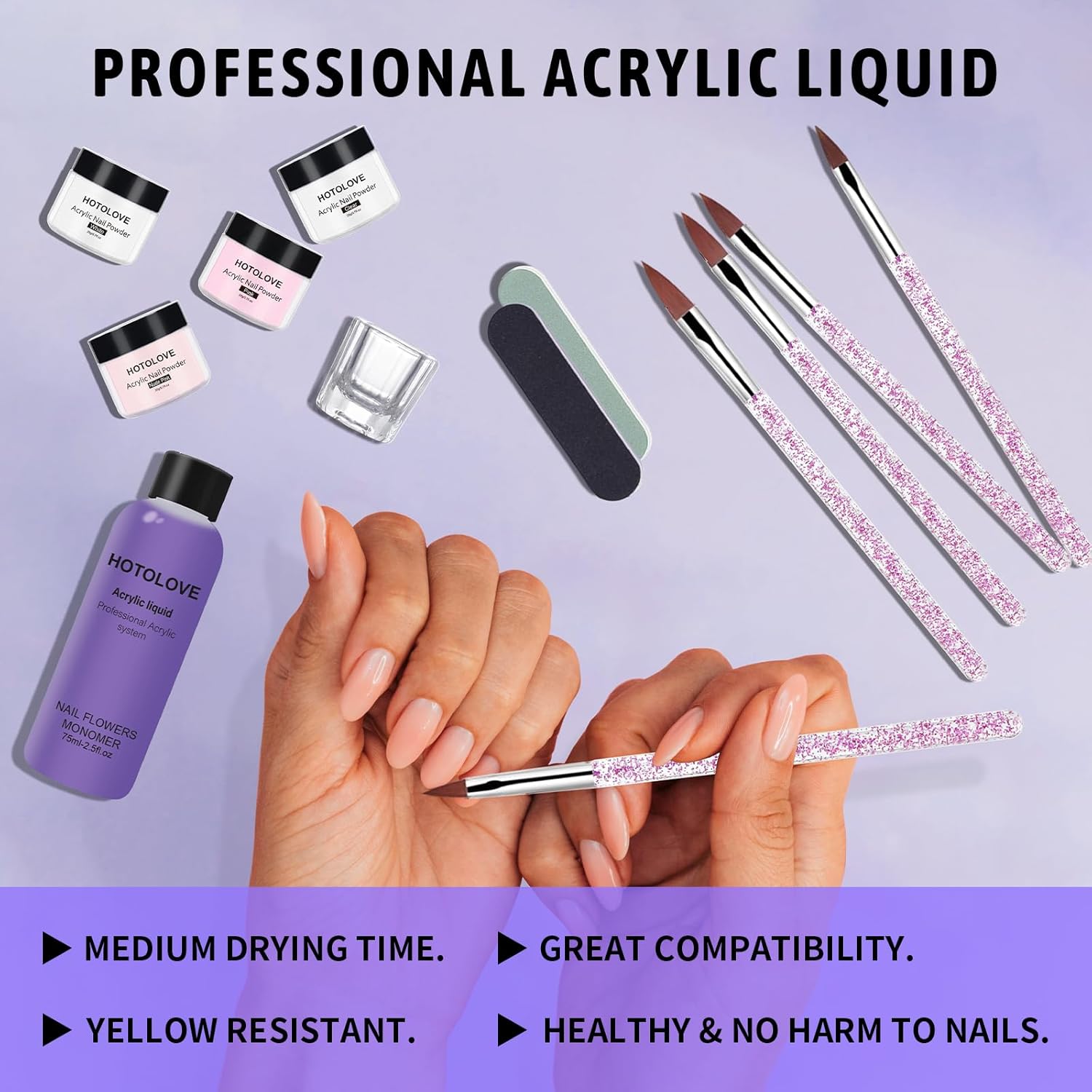 Acrylic Nail Kit, 75ml Acrylic Liquid Monomer with 4 Colors Powder and 5PCS Nail Brush for Nail Extension Carving Manicure French Fake Tips Art for Home DIY Salon