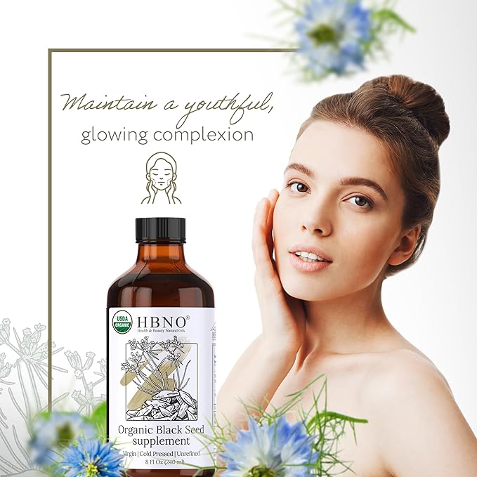 HBNO Organic Black Seed Oil 8 fl oz (240ml) Value Size - USDA Certified Organic Black Seed Oil Organic Cold Pressed - Black Cumin Seed Oil Organic