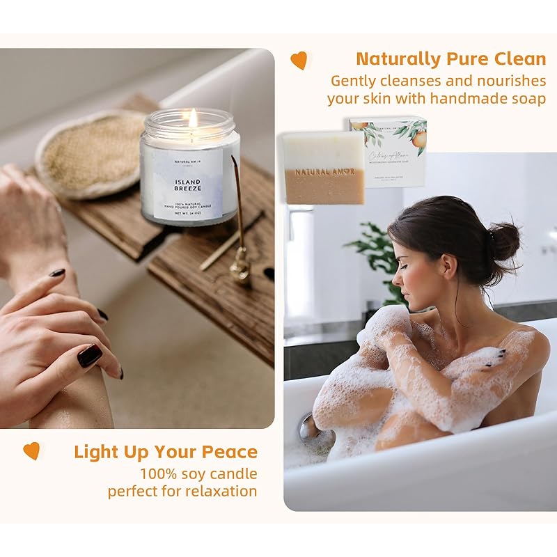 Natural Amor Handmade Spa Gifts for Women, Relaxing 5pcs Spa Gift Set for Women Including Citrus Handmade Soap Bar, Soy Candle, Bath Salt, Bath Bomb
