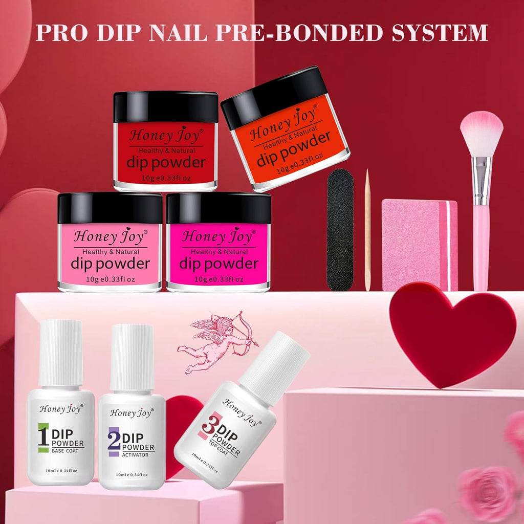 Honey Joy Dip Powder Nail Kit Starter, 4 Colors Dark Red Hot Pink Fine Dipping Powder Liquid Set with Base Top Coat Activator for Nail Art Manicure Salon DIY No LED Nail Lamp Needed, Dip-7pcs-No.20