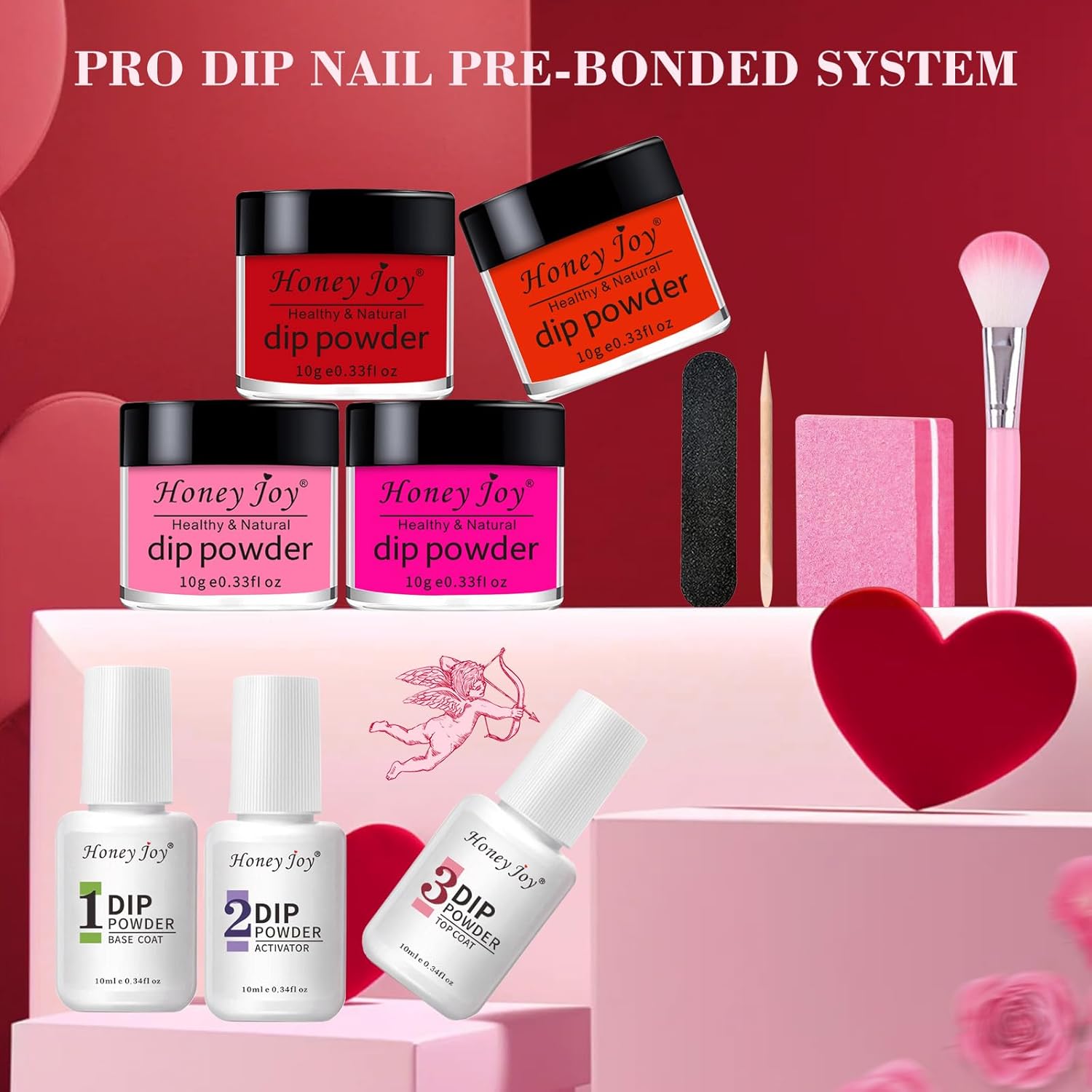 Honey Joy Dip Powder Nail Kit Starter, 4 Colors Dark Red Hot Pink Fine Dipping Powder Liquid Set with Base Top Coat Activator for Nail Art Manicure Salon DIY No LED Nail Lamp Needed, Dip-7pcs-No.20