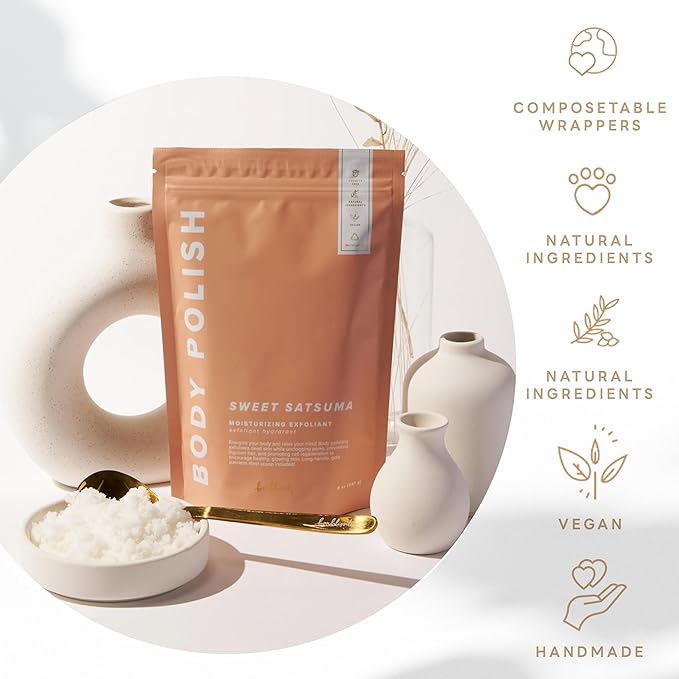 Body Polish, 8oz. - Sweet Satsuma Scented Body Scrub Exfoliator for Women, Exfoliating Sugar Scrub To Lotion Moisturizer, Gentle Exfoliant for Dry and Sensitive Skin, Handmade in USA