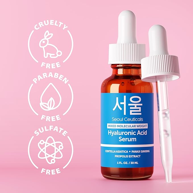 SeoulCeuticals Korean Hyaluronic Acid Serum For Face - High Molecular Weight & Low Molecular Weight Hyaluronic Acid - Centella Serum + Propolis. 1oz