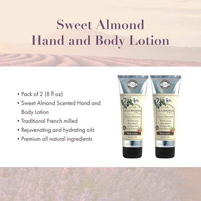 A LA MAISON Moisturizing Lotion, Sweet Almond - Uses: Hand and Body, Argan Oil, Pure Shea Butter, Essential Oils, Plant Based, Cruelty-Free, SLS and Paraben Free (8 Oz, 2 Pack)