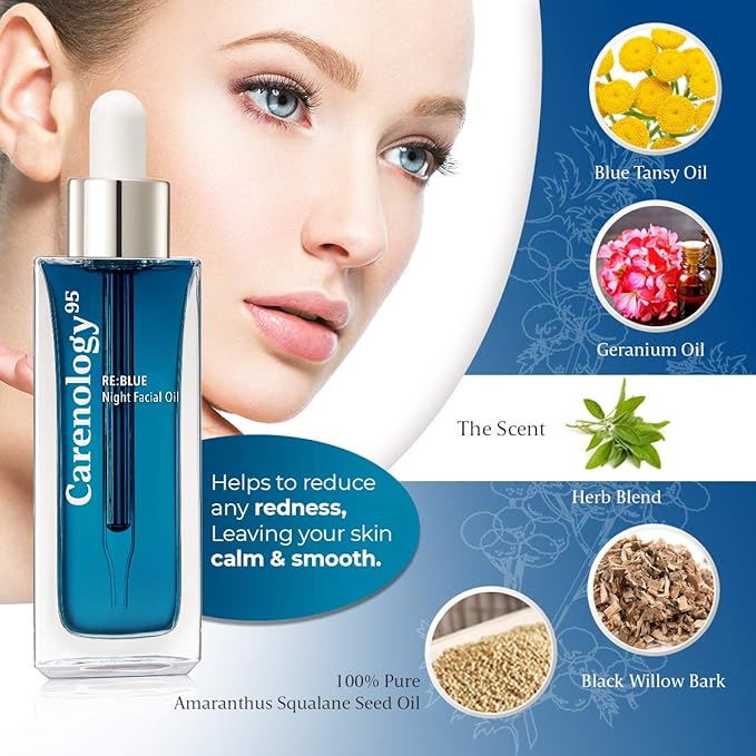 100% Pure Blue Tansy Korean Skincare Carenology Essential Facial Oil Overnight facial Repair for Acne Spot and Scar Treatment, Non-Greasy, Dermatologist Recommended for All Skin Types