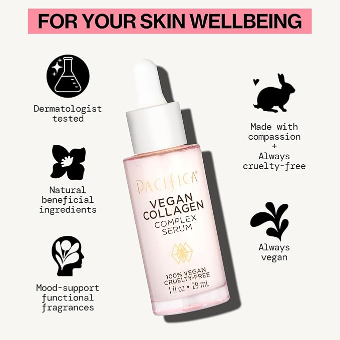 Pacifica Vegan Collagen Complex Face Serum Anti Aging Hydrating Serum w/Hyaluronic Acid for Plumping & Firming Collagen Boosting Facial Serum for Fine Lines & Wrinkles Clean Dermatologist Tested