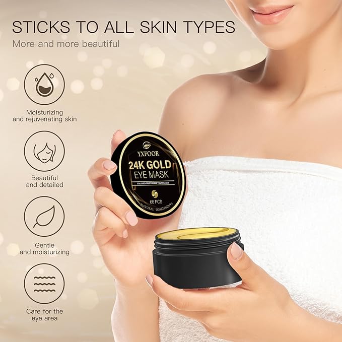 Under Eye Patches (24K Gold, 60PCS) - Under Eye Mask for Puffy Eyes, Fine lines, Dark Circles and Puffiness, Collagen Skin Care Products