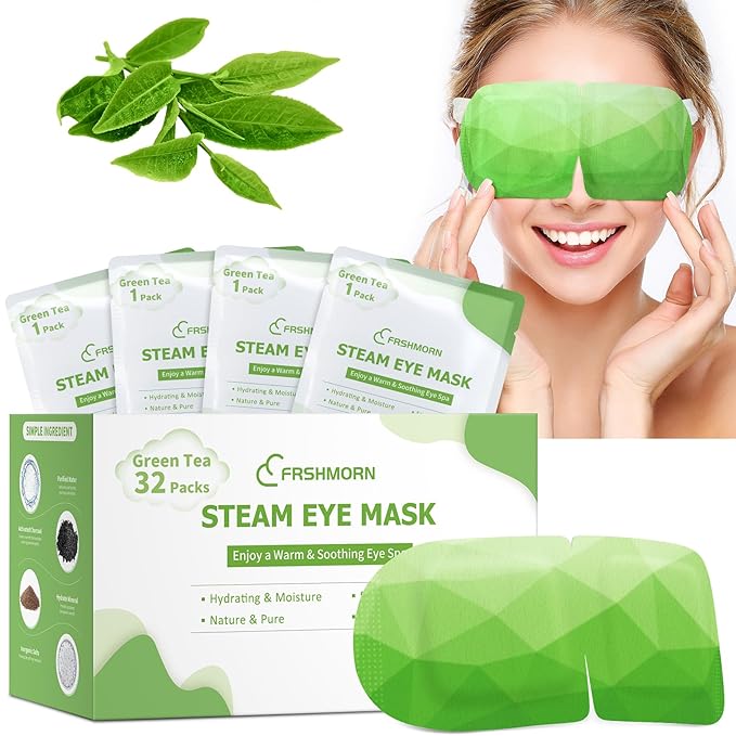 32 Packs Steam Eye Mask, Heated Eye Mask for Sleeping, Warm Compress for Eyes, Self Heating Disposal Eye Mask Comfortable Sleep Mask for Home, Office, Spa, Travel Essentials (Green Tea)