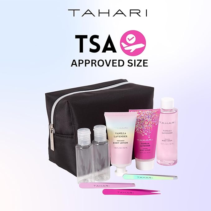 Tahari Vanilla Lavender Spa Gift Set for Women – Luxurious Bath Kit with Body Lotion, Body Scrub, Body Wash & Tweezers with Bag – Perfect Selfcare Gifts for Women (Black)