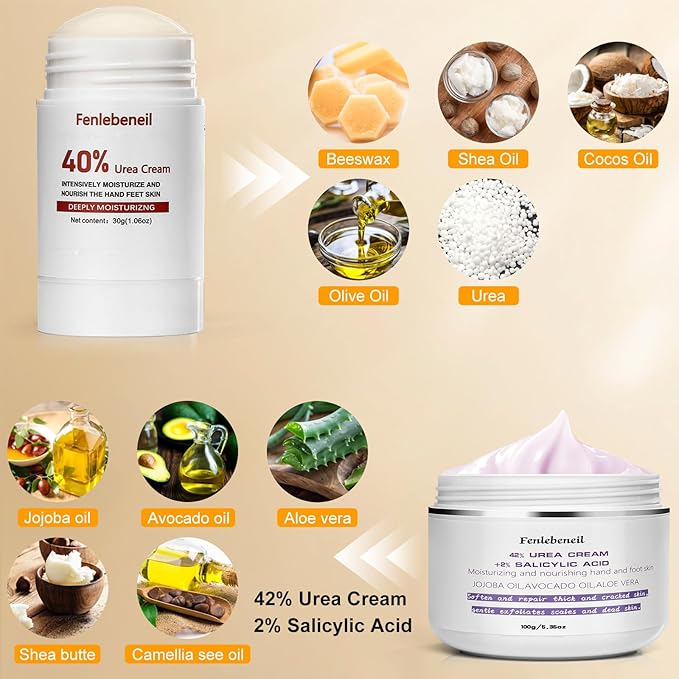 Urea Cream 40%，Urea Cream 42% Plus 2% Salicylic Acid Maximum Strength For Feet,Foot Cream for Dry Cracked Heels Feet Knees Elbows Hand，Travel and Home Foot Care Kit，Foot Heel，Gift Pack