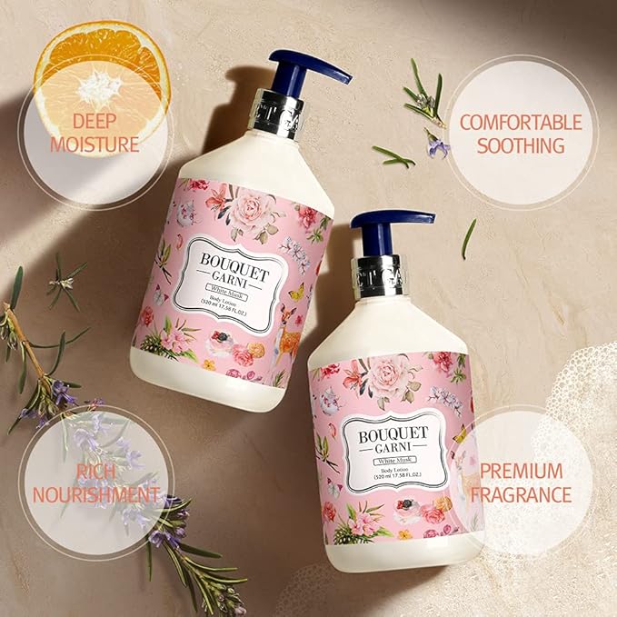 Bouquet Garni Body Lotion White Musk Fragrance - Long-lasting Moisture & Fragrance, Non Sticky Texture (Containing Shea Butter Rich in Vitamin A, C, E) - 17.6 oz