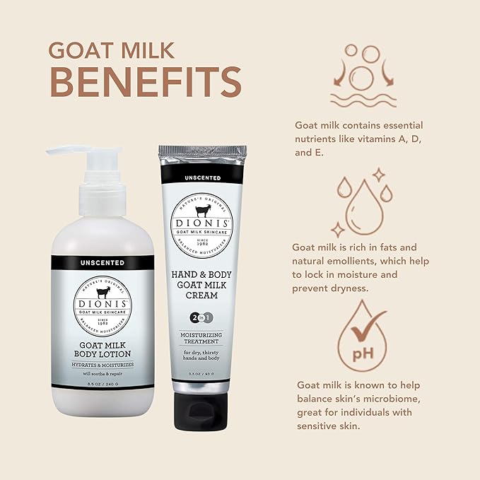 Dionis Goat Milk Skincare Unscented 8.5oz Hydrating Body Lotion & 3.3oz Hand & Body Nourishing Travel Size Cream Fragrance Free Bundle, Natural Ingredients, Made in the USA, Cruelty Free, Paraben Free