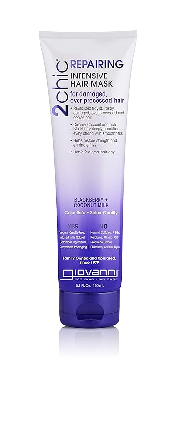 GIOVANNI 2chic Ultra-Repairing Hair Mask - Blackberry & Coconut Oil for Dry, Damaged & Processed Hair, Argan, Jojoba, Shea Butter & Keratin, Lauryl & Laureth Sulfate Free, Color Safe - 5 oz