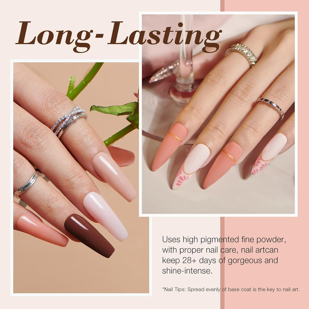 AZUREBEAUTY Dip Powder Nail Kit Starter, All Season Skin Tone Nude Brown 4 Colors Acrylic Dip Powder Liquid Set with Base/Top Coat Activator for French Nail Art Manicure DIY Salon Gifts