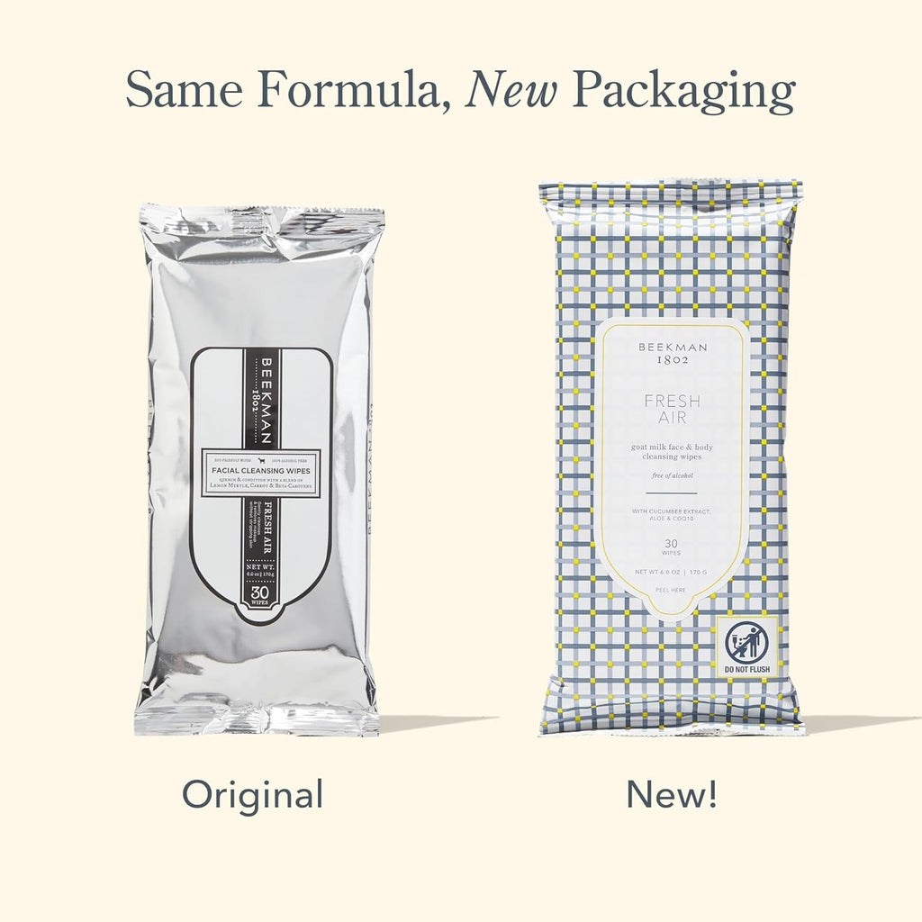 Beekman 1802 Face & Body Wipes, Fresh Air - Scented - 30 Count - Cleanses Dirt & Makeup - With Goat Milk, Aloe & Vitamin E - Alcohol Free, Biodegradable - Good for Sensitive Skin - Cruelty Free