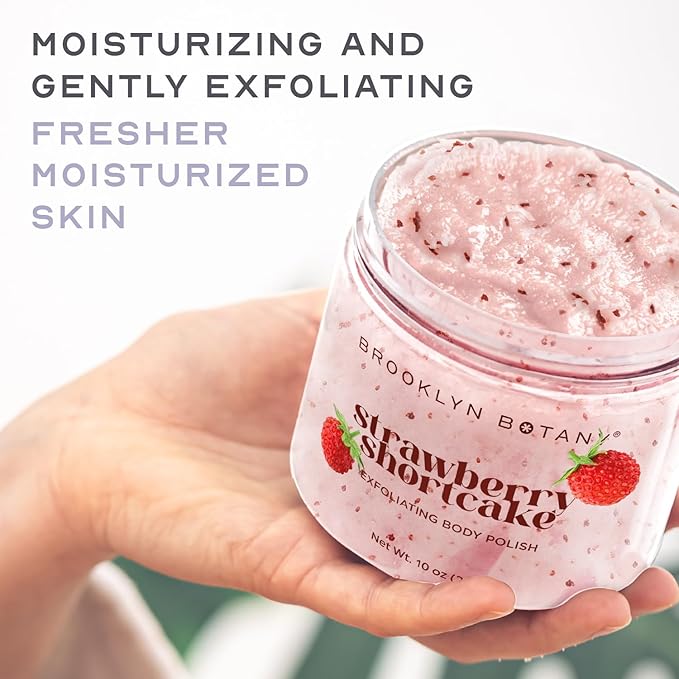 Brooklyn Botany Strawberry Shortcake Body Polish Scrub for Skin Care – Moisturizing and Gently Exfoliating Body Polish for Smoother, Softer and More Even Skin Tone – 10 oz