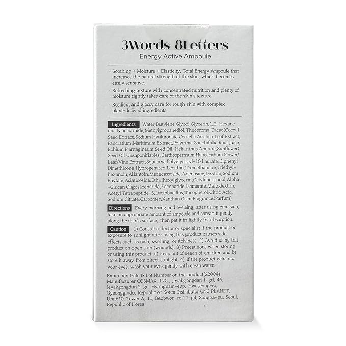 [3W8L] Energy Active Serum 1.69 fl oz | Vegan Face Ampoule For All Skin Types | Soothing & Moisturizing Face Serum | Korean Skin Care | k-beauty | 3Words 8Letters
