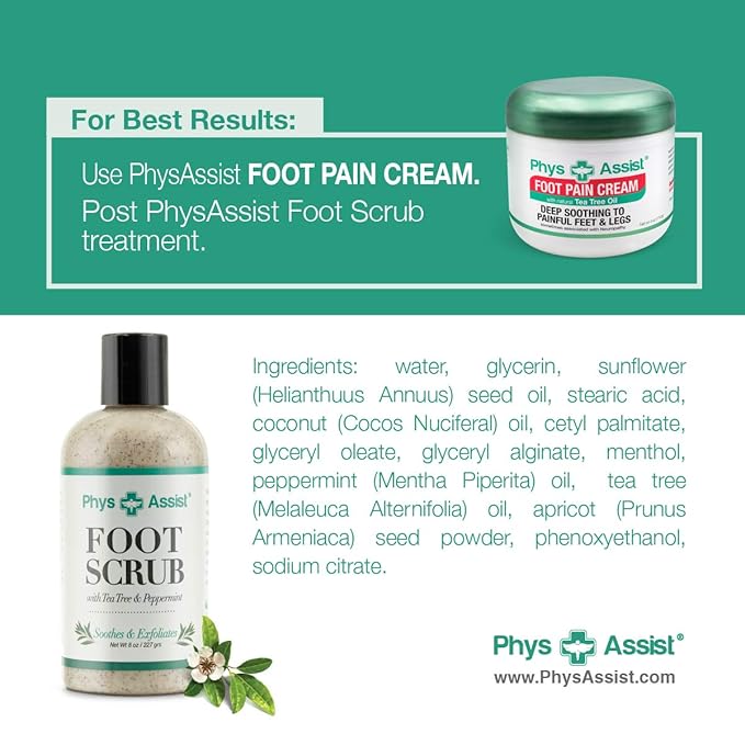PhysAssist Foot Scrub 8 oz. with Tea Tree, Peppermint Soothes and Exfoliates Promoting a Deep Cooling Sensation Leaving Feet Feeling Calm and Refreshed.
