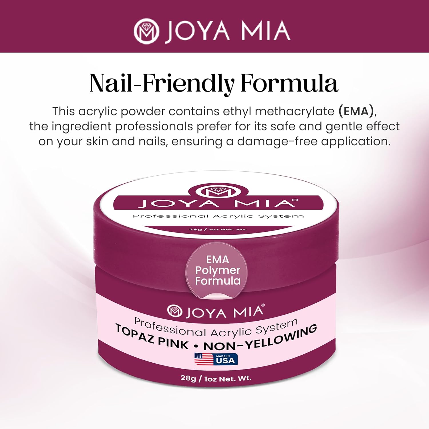 Joya Mia Acrylic Powder for Nails, MMA-Free, Super Adhesion Professional Powder for Flawless & Long-Lasting Nail Enhancements, Easy Application, Vibrant & Stunning Colors - Topaz Pink, 1 oz
