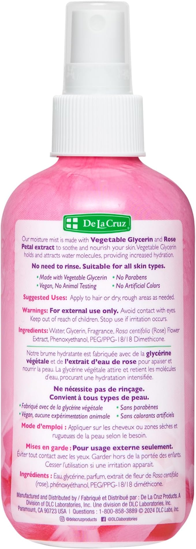 De La Cruz Rose Water and Glycerin Spray for Face - Rosewater Facial Toner and Moisturizer Mist for Skin and Hair 8 fl oz (236 mL)