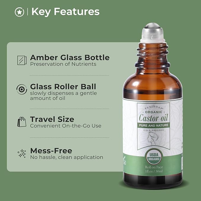 Castor Oil Roll on for Face Eye Hair Scalp Eyebrow, Under Eye Roller, Certified Organic Cold Pressed Body Castor Oil Roller Stick Glass Bottle