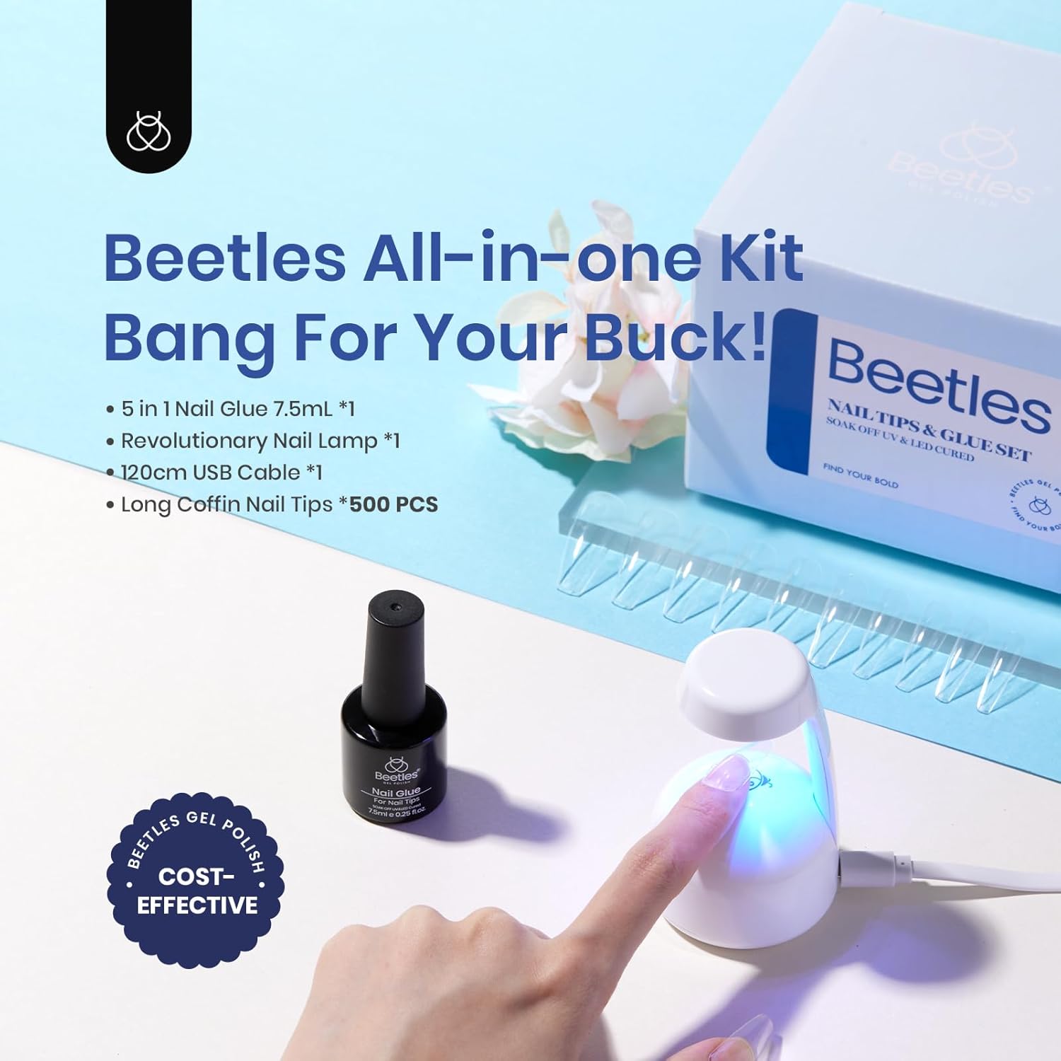 Beetles Gel Nail Kit Easy Nail Extension Set with 500Pcs Nail Tips Coffin Shape 5 In 1 Nail Glue Base Gel and Innovative Led Lamp Easy Diy Nails Art Home Gelly Tips