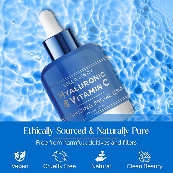 Bella Beauty Hyaluronic Acid & Vitamin C Moisturizing Facial Serum - Hydrating, Reduces Wrinkles & Fine Lines, Boosts Collagen - Dermatologist Tested, Korean Skin Care for All Skin Types - 1.69 Fl. Oz