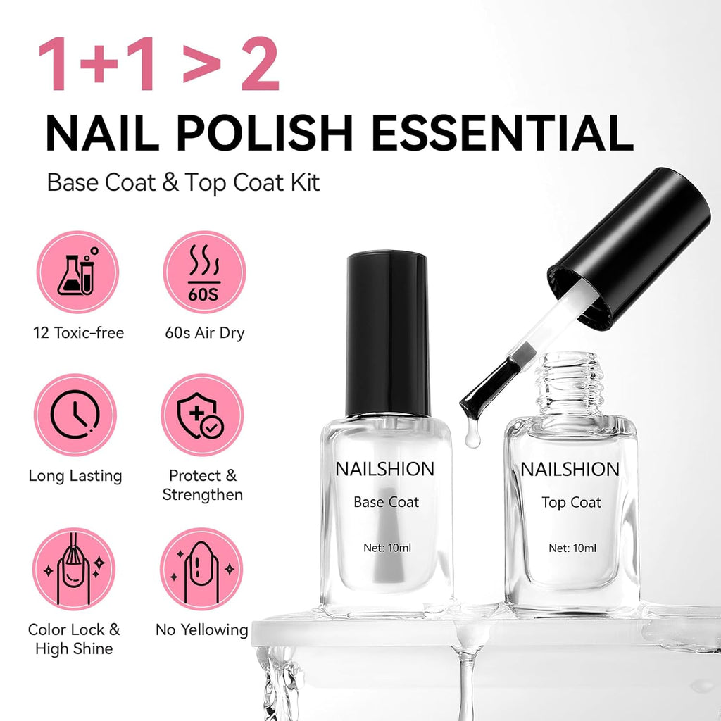 Base Coat and Top Coat, Clear Regular Nail Polish, Rich in VE Calcium Quick Air Dry Nail Strengthening Non Gel, 2Pcs Vegan Base Chip Resistant High Shine Long-lasting Nail Art Gift Set
