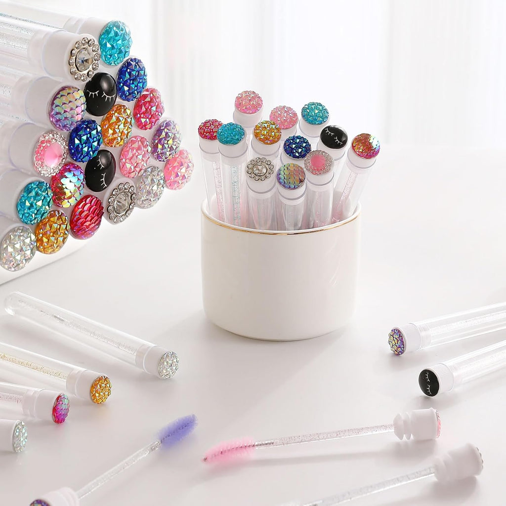 Upgrade 48 Pieces Disposable Mascara Wands Set,Diamond Mascara for Women and Girls- Include 24 Pcs Crystal Lash Spoolies Brush and 24 Pcs Reusable Keychain Empty Eyelash Brush Tubes