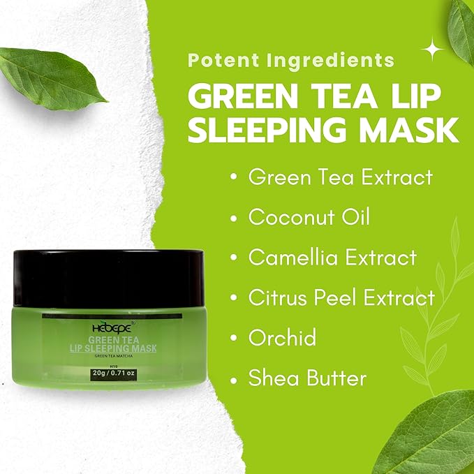 Green Tea Matcha Lip Sleeping Mask Overnight with Applicator, For Dry Lips, Coconut Oil, Vitamin E, Fig Extract, Orchid, and Shea Butter, Moisturizer for Dry, Chapped, Cracked Lips