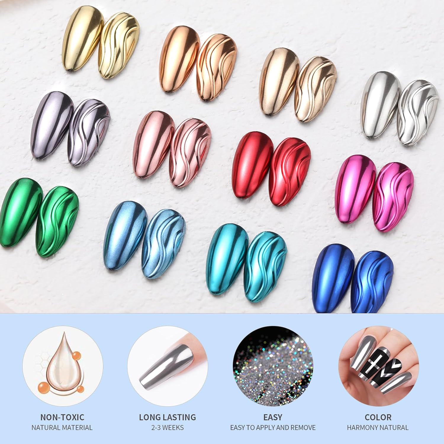 Born Pretty Mirror Chrome Nail Powder Set, 12 Colors Metallic Mirror Effect Nail Powder Gold Silver Rose Gold Red Blue Holographic Aurora Chameleon Pigment for Nail Art Gel Polish Decoration Sets