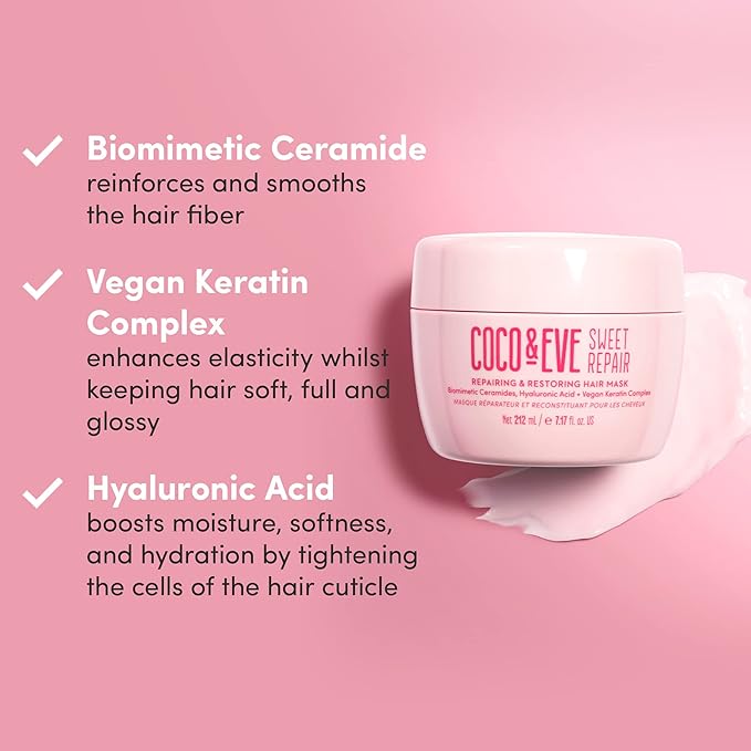 Coco & Eve Sweet Repair Repairing and Restoring Hair Mask. 85% stronger hair, reduce hair damage by 65%. Biomimetic Ceramides, Hyaluronic Acid, Vegan Keratin. Increase Hydration & Shine.