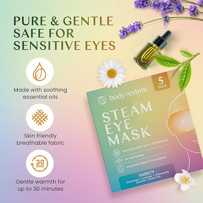 Body Restore Self Heated Steam Eye Mask 5 Pack - Fathers Day Unique Gifts for Dad, Relaxation Gifts for Her and Him, Best Friend, Stye Eye Treatment, Travel Essentials - Variety