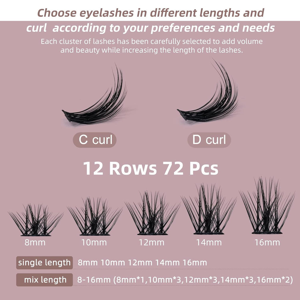 QUEWEL Cluster Lashes 72 Pcs Wide Stem Individual Lashes C/D Curl 8-16mm Length DIY Eyelash Extension False Eyelashes Soft for Personal Makeup Use at Home (Fluffy02-C-16)