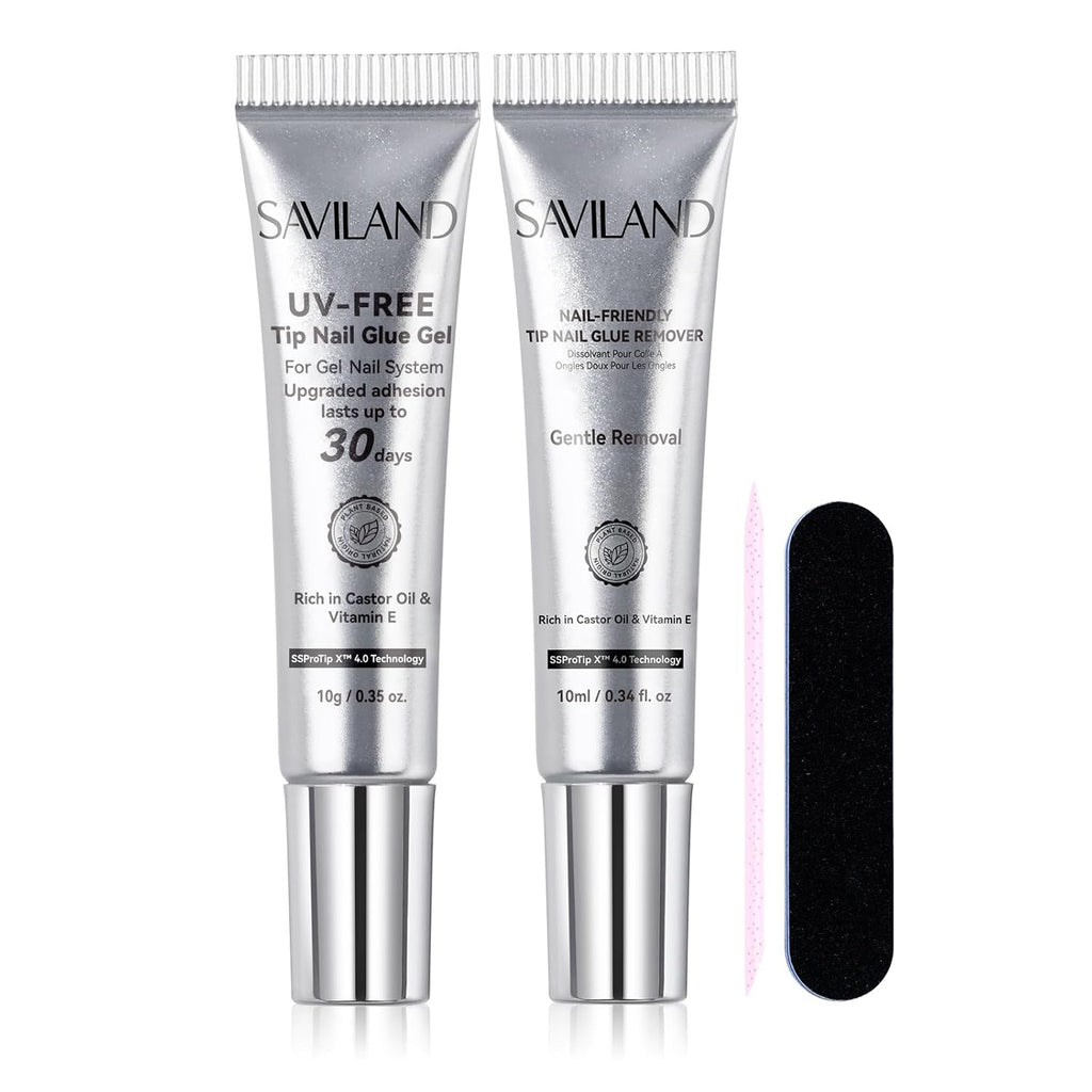 SAVILAND 10g Semi Solid Nail Glue Gel with 10ml Quick Remover for Press On Nails Tips No U V Lamp Needed 30-Day Long-Lasting Fast Removal No Curing Home Professional Nail Art Tools SSProTip X