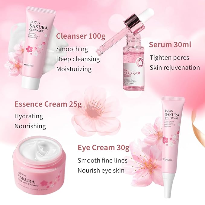Japan Sakura Skin Care Set Women Gifts 11 Pcs - Skin Care for Teens 10-12 - Skincare for Girls 10-12 - Japanese Skin Care Routine Kit for Women with Sunscreen, Underarm Cream, Peeling Gel
