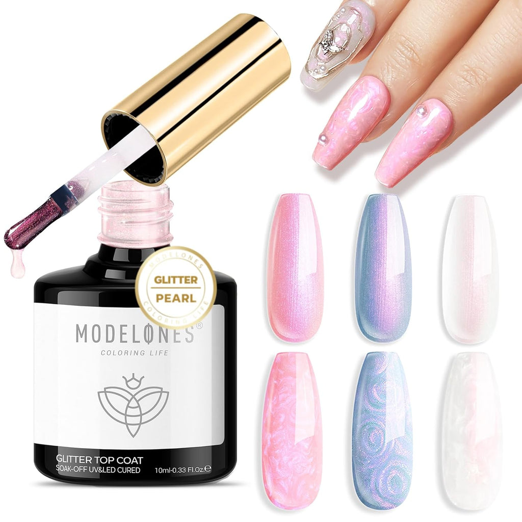 modelones Pearl Gel Nail Polish Top Coat, 2-in-one Clear Pearlescent Glitter Glossy Sparkle Finish Long Lasting Soak Off Mermaid Shimmer Manicure Nail Art Home Salon DIY 10 ML