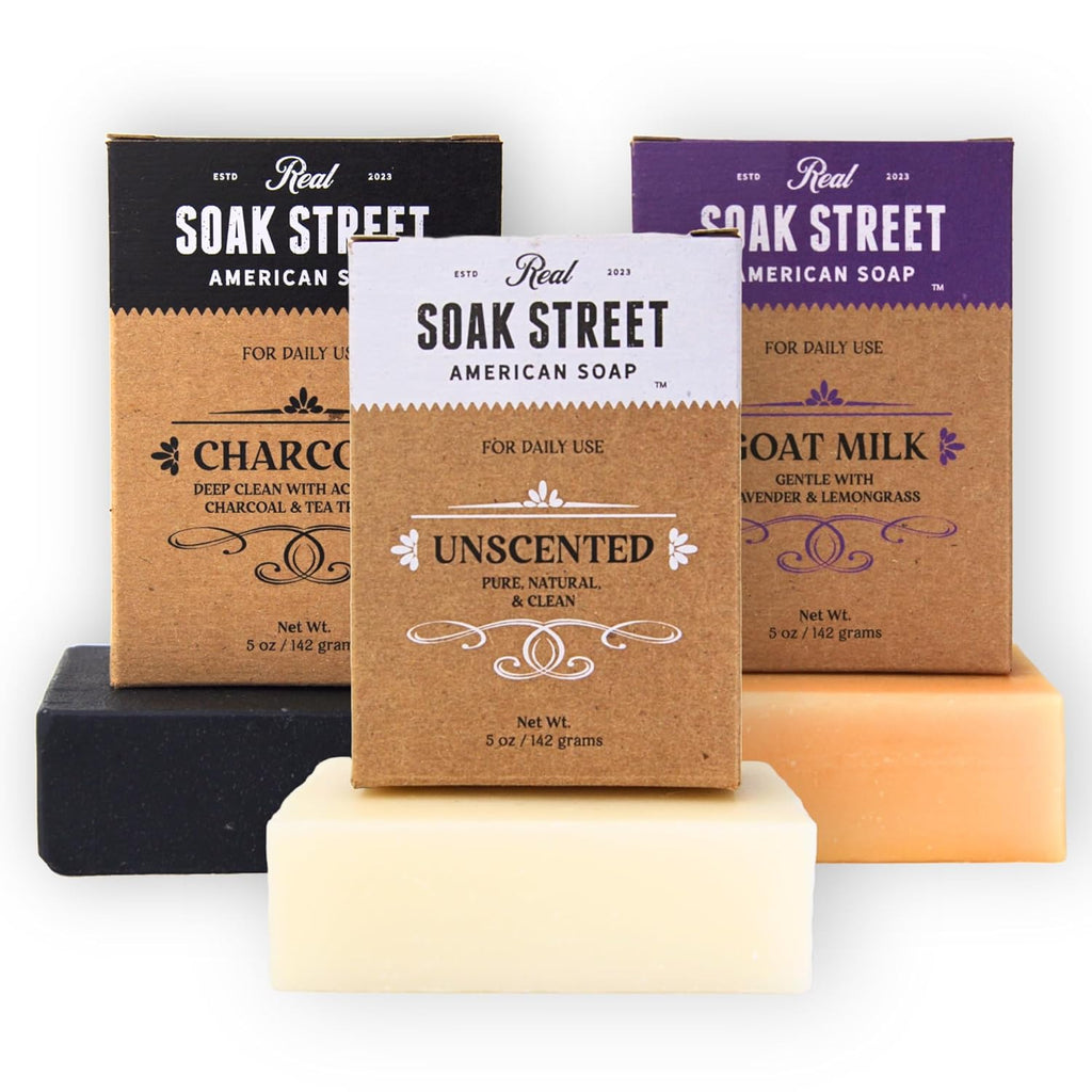 Real American Soap (Variety Bundle, 3 Pack) – Natural Bar Soap Made with Grass-Fed Tallow, Conditioning Lard, & Pure Coconut Oil – Unscented, Charcoal & Tea Tree Oil, & Lavender Goat Milk