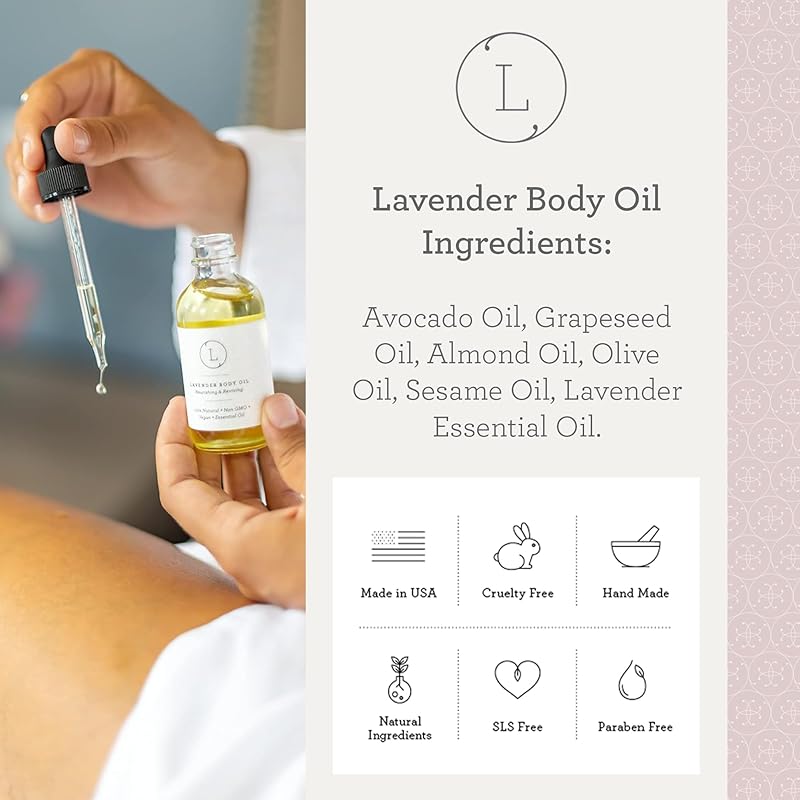 Lizush Lavender Body Oil - 2 oz Natural, Vegan, Non-GMO Moisturizing Bath Oil for Silky Skin with Premium Essential Oils - Handmade in the USA