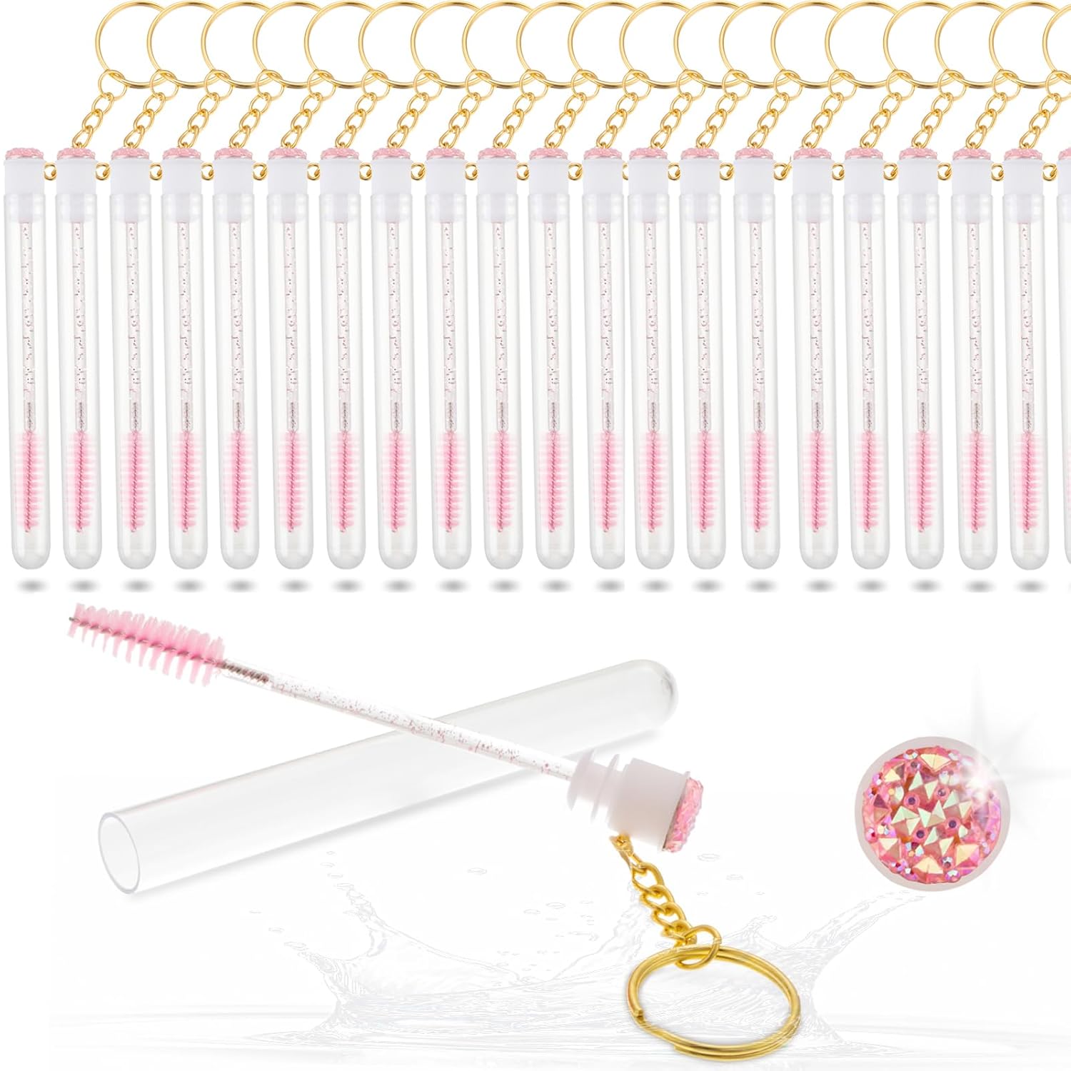 Upgrade 48 Pieces Disposable Mascara Wands Set,Mascara Brush Tube for Women and Girls- Include 24 Pcs Crystal Lash Spoolies Brush and 24 Pcs Reusable Keychain Empty Eyelash Brush Tubes(Pink)