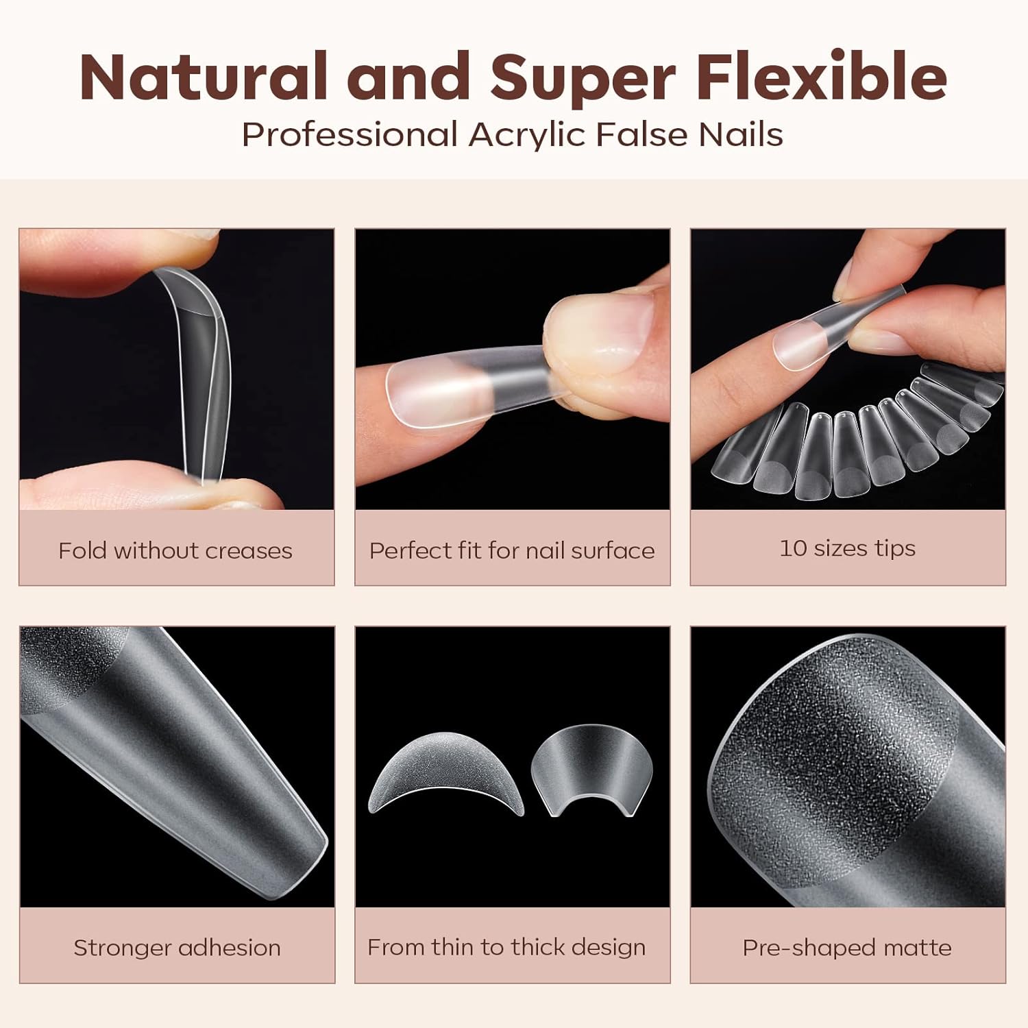 Modelones Long Coffin Nail Tips Fake Nails Gel Tips Full Matte Cover More Friction for Acrylic Professional Extension Gel Manicure Art Design 10 Sizes