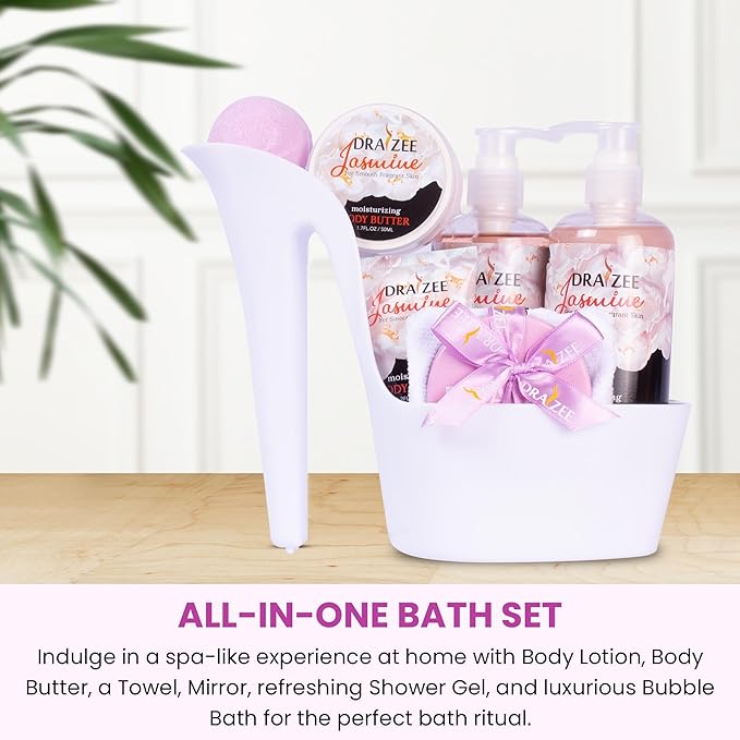 Draizee Mothers Day Gifts for Mom-Spa Gift Baskets for Women-8 Pcs Luxury Jasmine Scented Heel Shoe Design Bath and Body Spa Set Self Care Package for Women, Presents for Mom-Body Care Set for Her