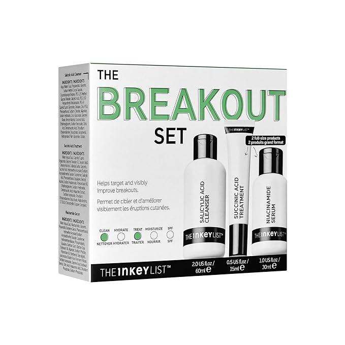 The INKEY List Acne Treatment Set – Salicylic Acid Cleanser, Niacinamide Serum & Succinic Acid Spot Treatment – Clears Acne, Breakouts & Blemishes – Skincare for Oily, Acne-Prone Skin