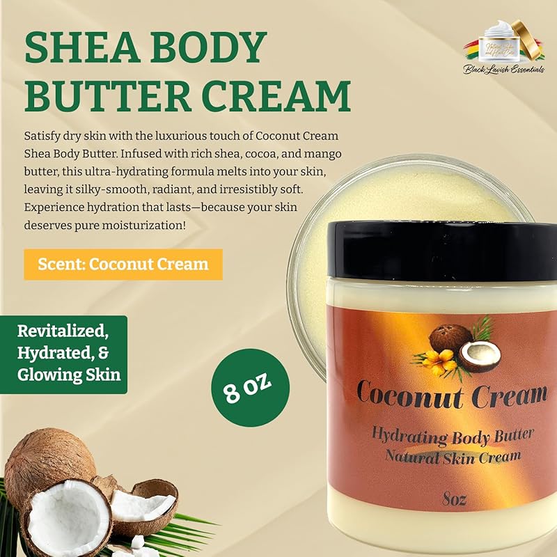Ultra-Soft Shea Body Butter, Dry Skin Cream for Radiant Moisturized Skin, Natural Hydrating Body Lotion with Aloe Vera, Argan Oil, Rosehip Oil, (Coconut Cream, 8oz)