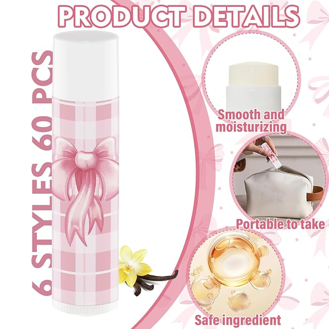 50 Pack Pink Bow Baby Shower Favors Bulk Lip Balm Girls Favors Gifts for Bachelorette Girls Pink Bow Moisturizing Lip Care Pretty lipstick Mother's Day Birthday Party Supplies Decorations(pink bow)