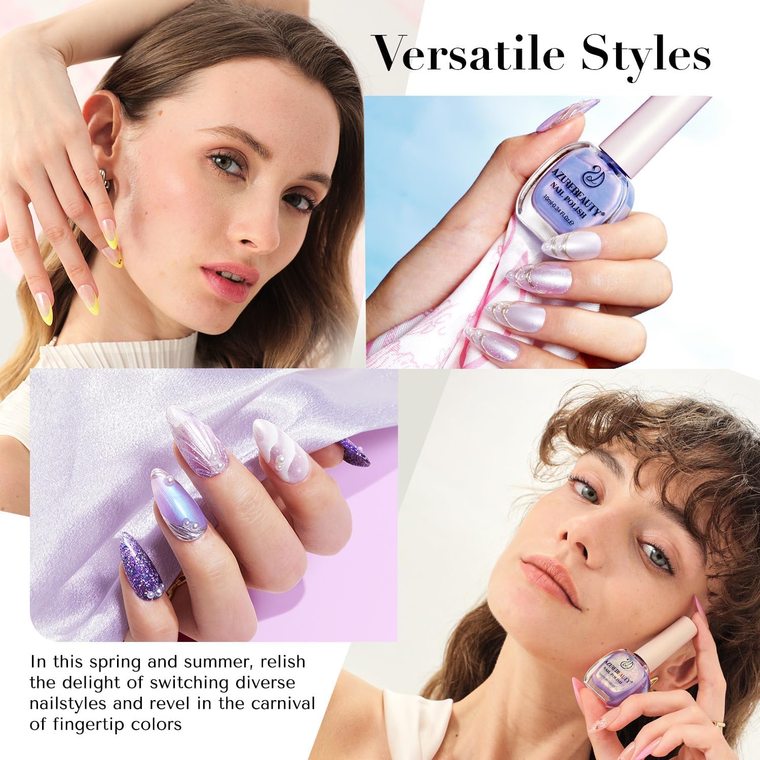 AZUREBEAUTY Nail Polish Set Fast Drying Glitter Pink Purple Spring Summer 4 Colors Lilac Nail Polish Natural Nail Lacquer Fingernail Kit with Top Coat DIY Salon Home