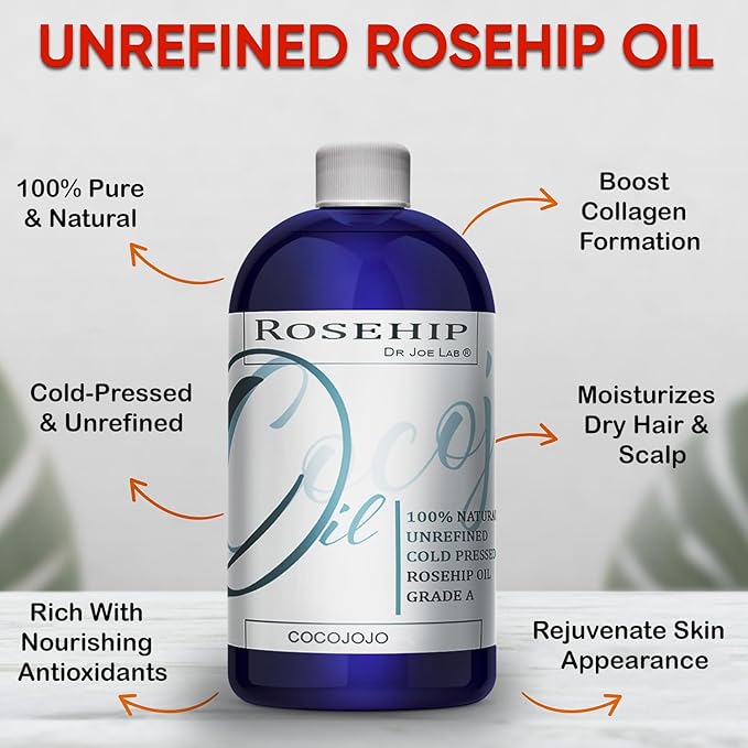 cocojojo Rosehip Oil for Face, Rosehip Oil, Pure Refined Cold Pressed All Natural for Hair Skin, Face Body Nails - 32 Oz