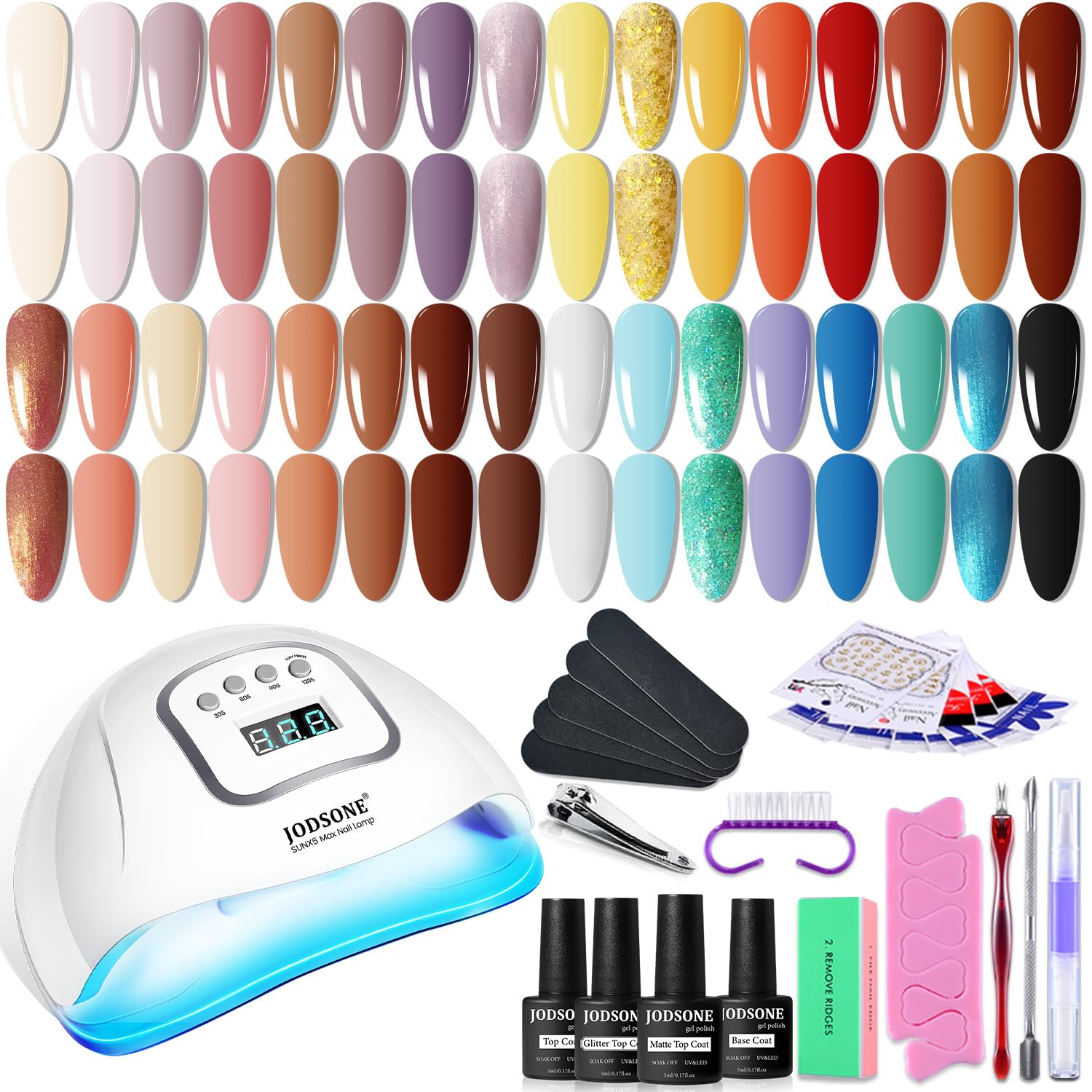 JODSONE 36 Pcs Gel Nail Polish Kit with U V Light of 32 Color Gel Polish Nail Collections Base and Top Glitter Coat Manicure Tools