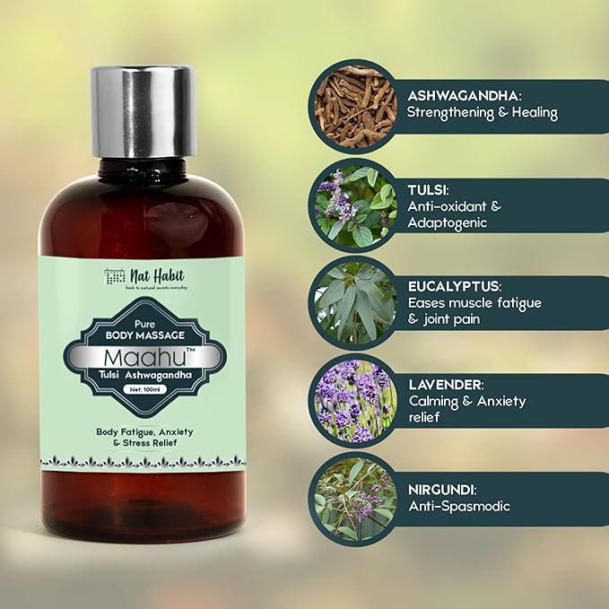 Pure Tulsi Ashwagandha Maahu, Ayurvedic Body Massage Oil, 100ml