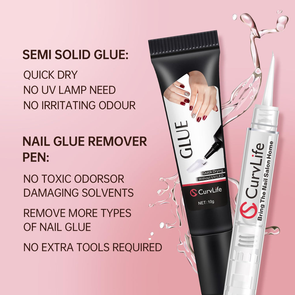 Curvlife 10g Semi Solid Nail Glue Gel With 5ml Remover Pen, No UV Light Needed, for Press On Nails, Click&Remove Pen